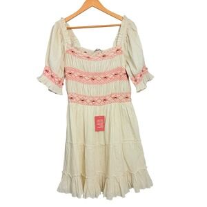 Ivy City Co Liesl Cream Pink Smocked Floral Dress Puff Sleeve Cottagecore XL